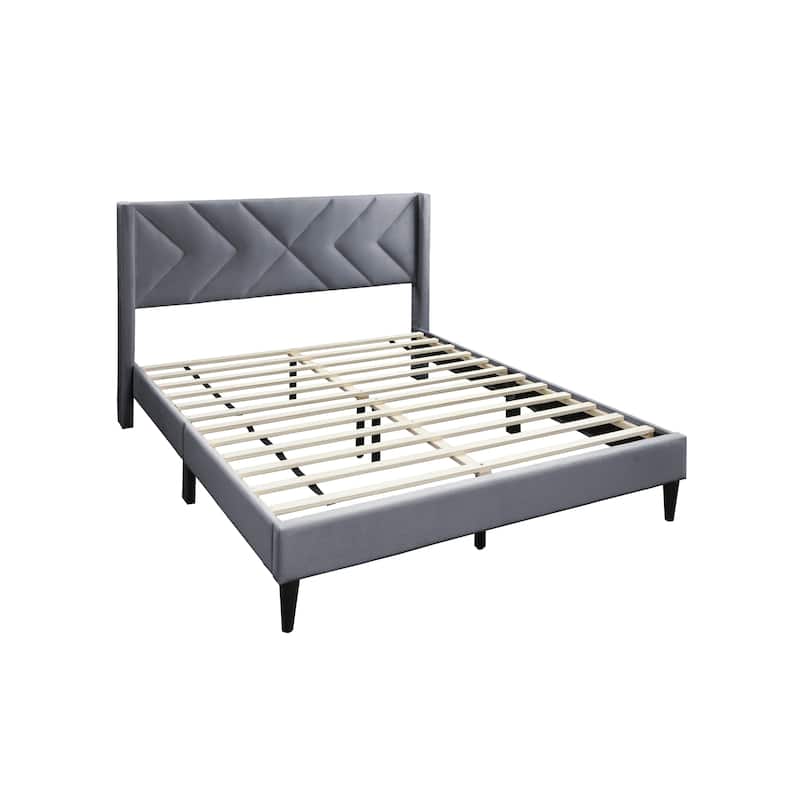 Modern Gray Velvet Upholstered Queen Size Bed with Geometric Headboard