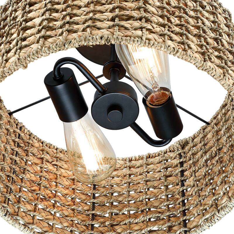 13.6 in. 2-Light Natural Rattan Semi-Flush Mount Ceiling Light with Black Canopy - Black/earthy - 13.6 in. W - 13.6 in. W