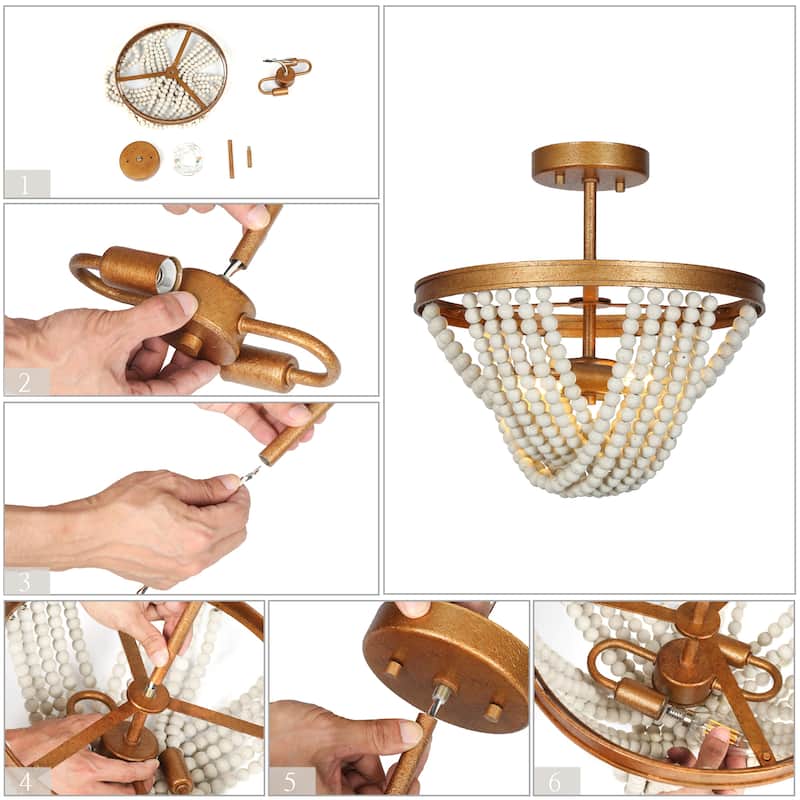 Coasa Mid-Century Modern Gold 2-light Semi-flush Mount Lights Wooden Beads Chandelier for Dining room - D14'' x H14''