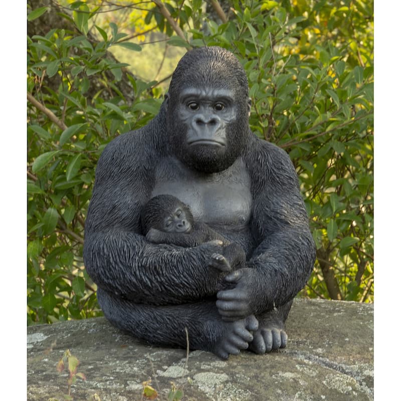 15.75" Sitting Mother Gorilla with a Baby Outdoor Garden Statue