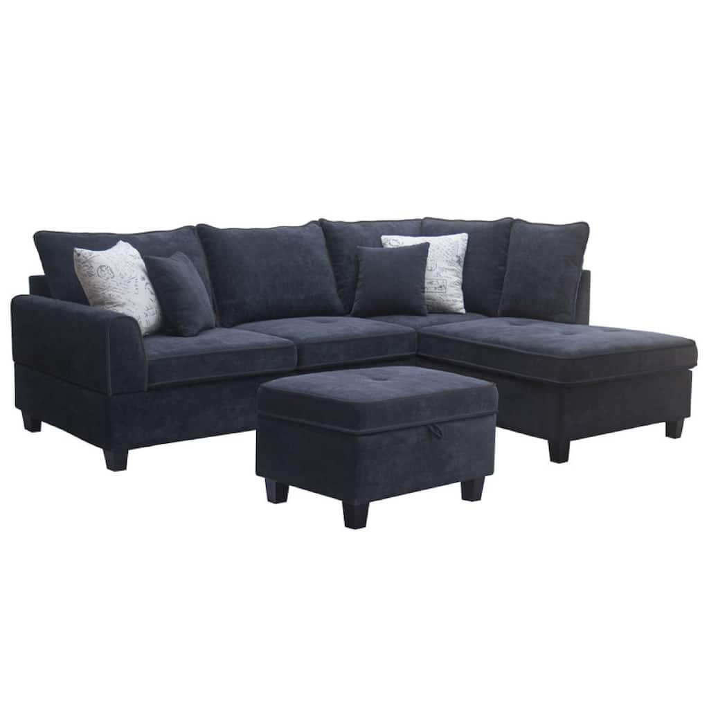 Kyna Sectional Sofa, 4 Pillows, Left Chaise, Storage Ottoman, Black