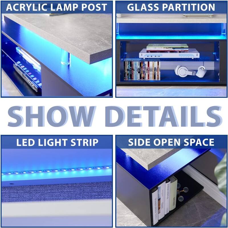 Modern LED TV Stand, Gaming Entertainment Center Media, for 60 Inch TV Table with Side Cabinet, for Living Room, Grey+Black