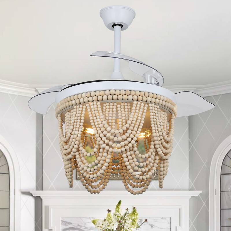 Bella Depot 42" Bohemian Retractable Ceiling Fan with Remote and Light 6-speed Modern Wood Chandelier