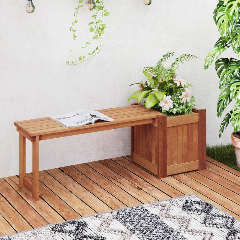 Costway 1/2 PCS Hardwood Flower Box with Bench Spacious Seat