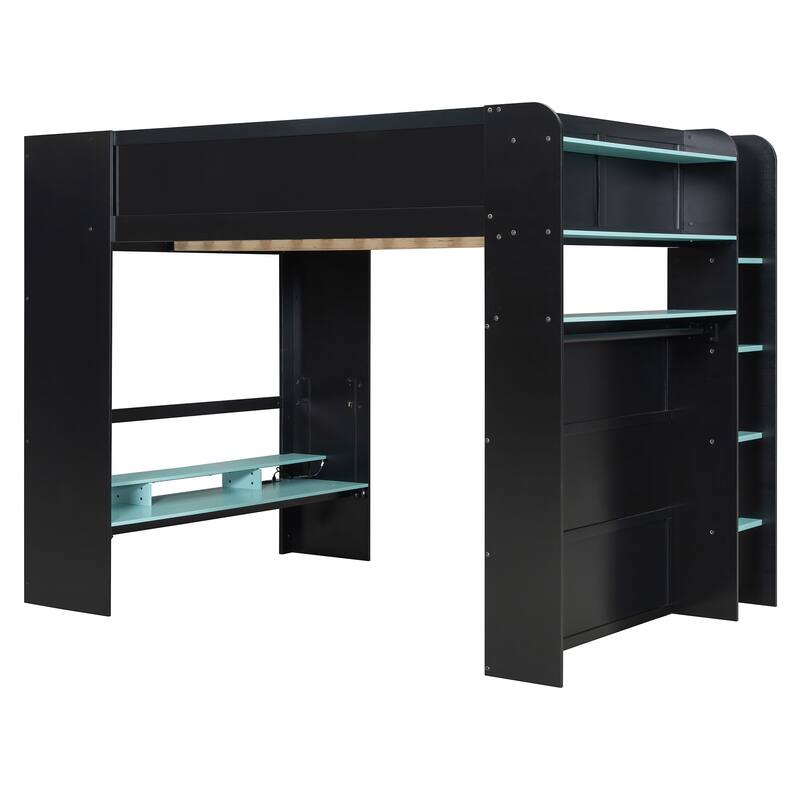 Full Size Esports Loft Bed, Built-In Gaming Station with Adjustable Desk, Wardrobe, Book Shelves, USB Port & RGB Strip Lighting