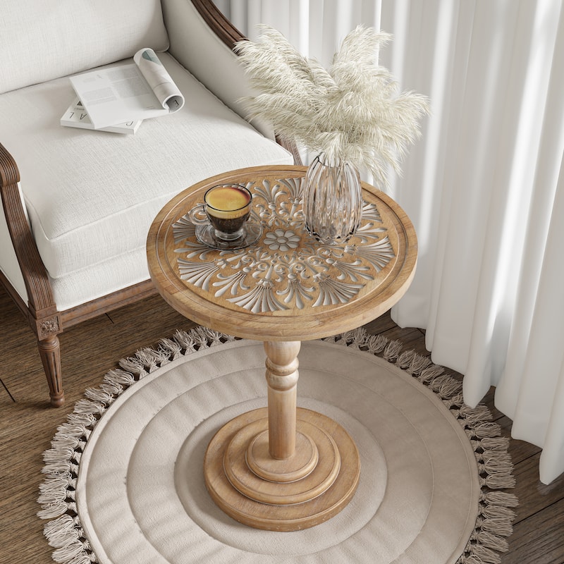 COZAYH Farmhouse Round Side Table with Carved Top, Rustic Pine Wood Pedestal Accent Table, Distressed Finish, Natural Wood