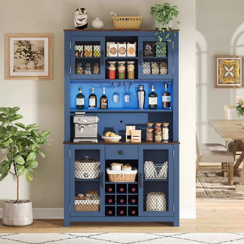 70.9" Kitchen Pantry Storage Cabinet with LED Light Strip, Power and USB Outlets - Navy Blue
