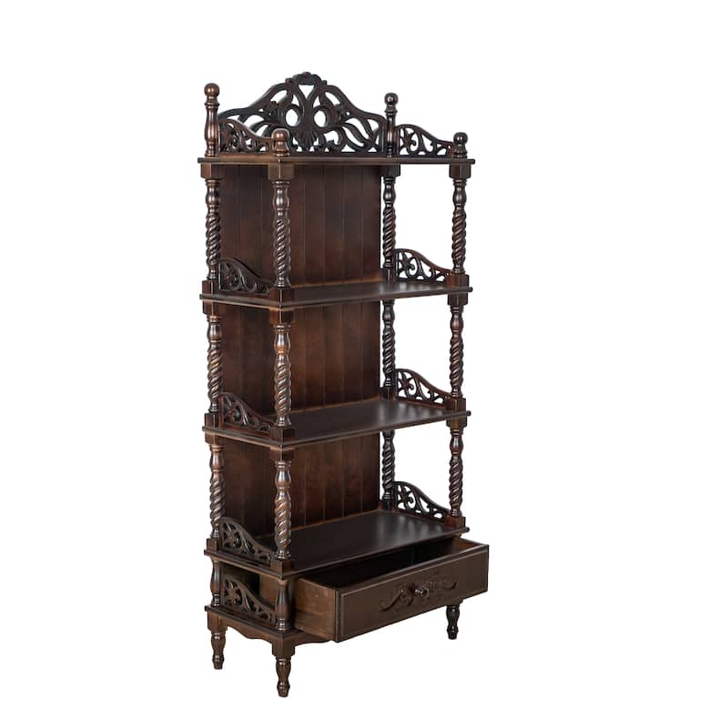 Wooden Bookcase Shelf with Carved Details and Filigree Accents, Brown