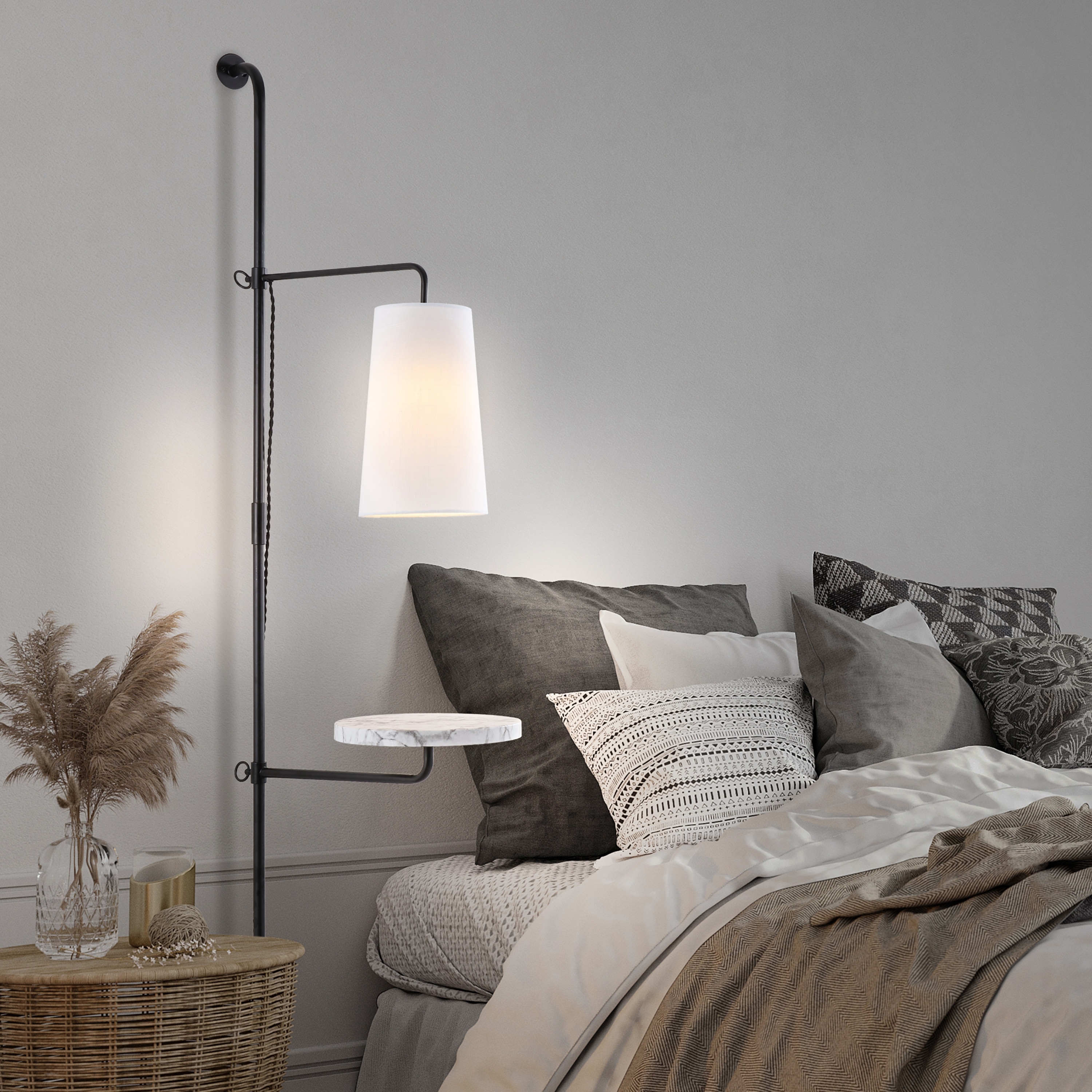 JONATHAN Y Adrian 11.5" 1-Light Contemporary Industrial Iron Plug-In with Adjustable Marble Table LED Sconce, Black/White