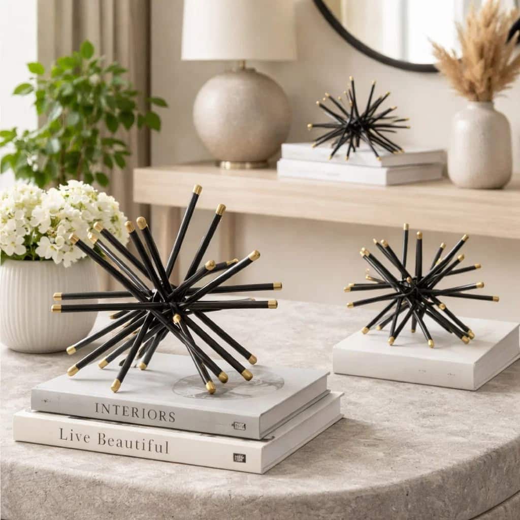11, 8, 6 Inch Table Top Decorative Abstract Statuettes Set of 3, Black Gold