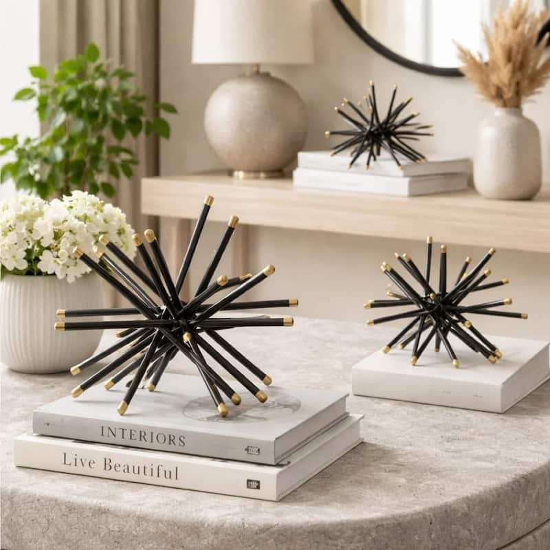 11, 8, 6 Inch Table Top Decorative Abstract Statuettes Set of 3, Black Gold