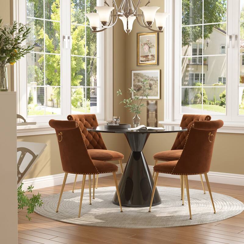 48" Light Luxury Black High Gloss Large Countertop Dining Table with Velvet Dining Chair Set