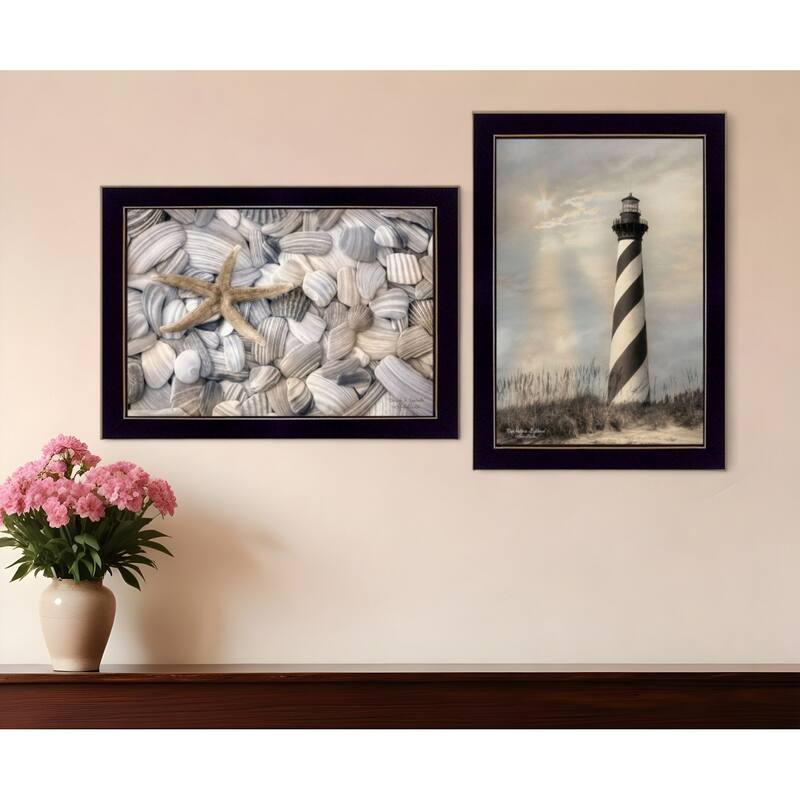 HomeRoots Set Of Two Cape Hatteras Lighthouse and Sea Shells 1 Black Framed Print Wall Art - 20' X '14' X '1