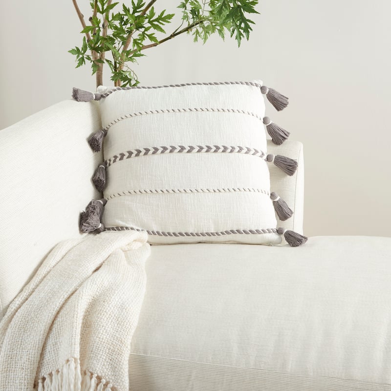 Mina Victory Life Styles Farmhouse Casual Stripe Tassel Fringe Throw Pillow - 20" x 20" - White/Grey