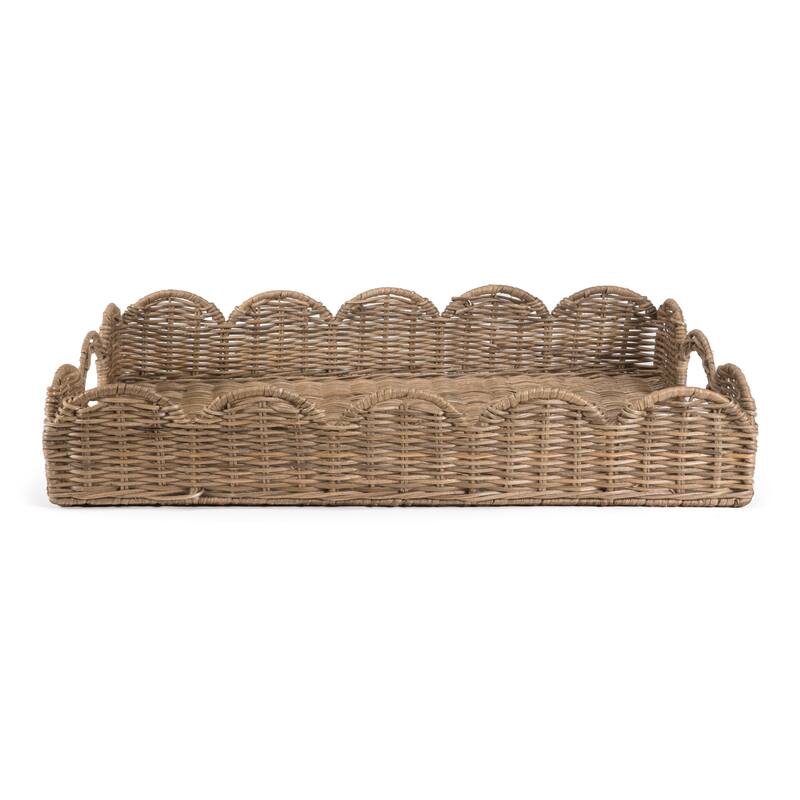happimess Scalloped 21.5" Southwestern Cottage Hand-Woven Rattan Tray with Handles, Natural