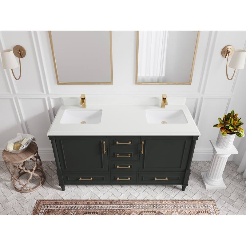 Willow Collections 60 in. W x 22 in. D Aberdeen Double Sink Bathroom Vanity with Countertop - 1.5" White Quartz - Black Top