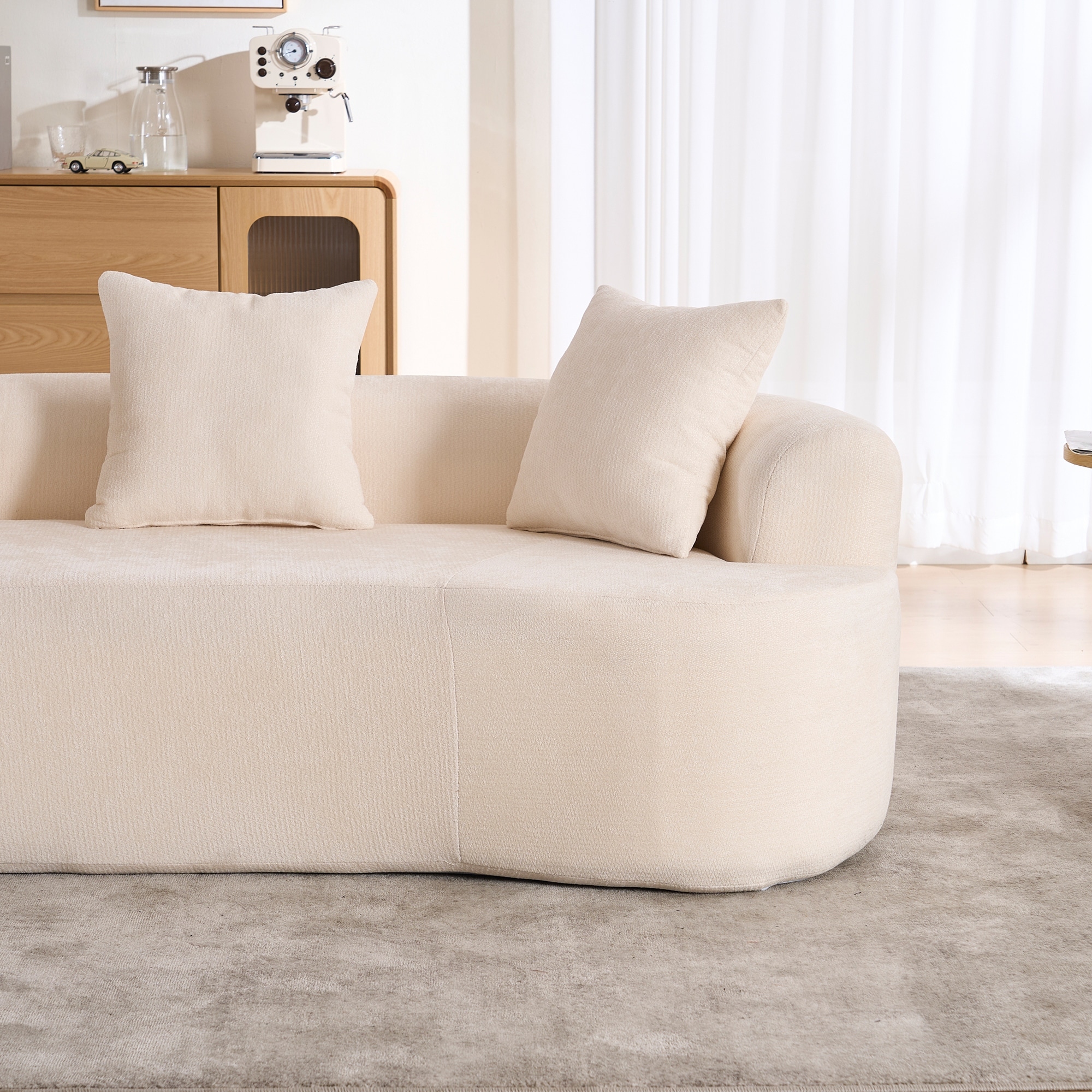 Crescent-Shaped Modular Sofa for Apartments, Chenille Low-Back Deep-Seat Sofa, Small Compression Sofa with Pillows