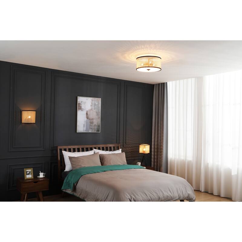 VidaLite Modern Bohemian 3 Light Flush Mount Fixture With PVC Rattan Shade and Velvet Stiched Rim