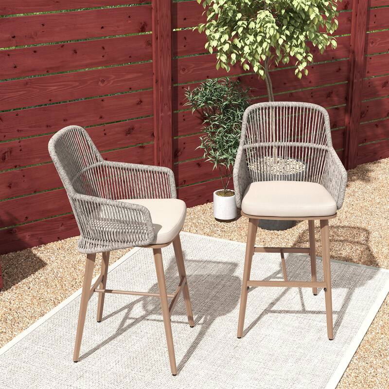 Outdoor 2-Piece Arm Barstool Chairs with Cushions - Grey/Begie