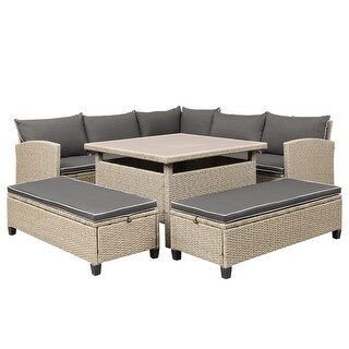 6-Piece Patio Furniture Set Outdoor Wicker Rattan Sectional Sofa with Table and Benches