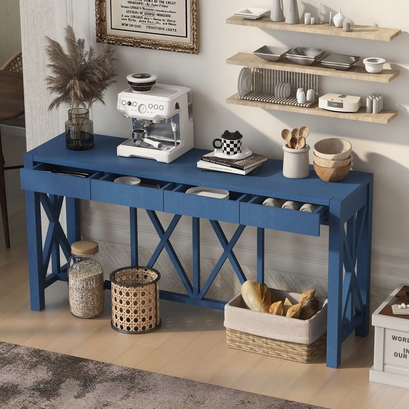 60''Acacia Veneer Console Table with 4 Spacious Drawers, Modern Crisscross Design Entryway Table with Open Bottom Storage