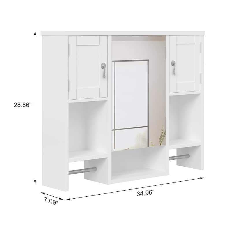 VECELO Bathroom Medicine Mirror Cabinet Wall Mounted Bathroom Storage Adjustable Shelf with 2 Towel Bars & Silver Hardware
