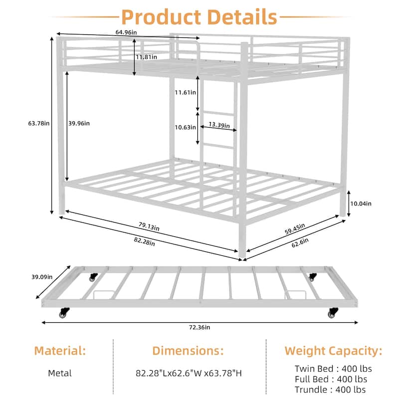 Queen Size Iron Bunk Bed with Safety Rails, Trundle, and Modern Minimalist Design