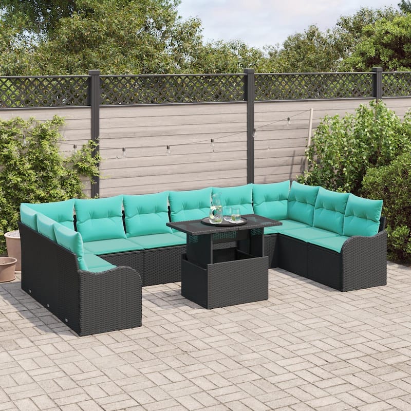 vidaXL 11 Piece Garden Sofa Set with Cushions Black Poly Rattan - 135.4×70×27.2