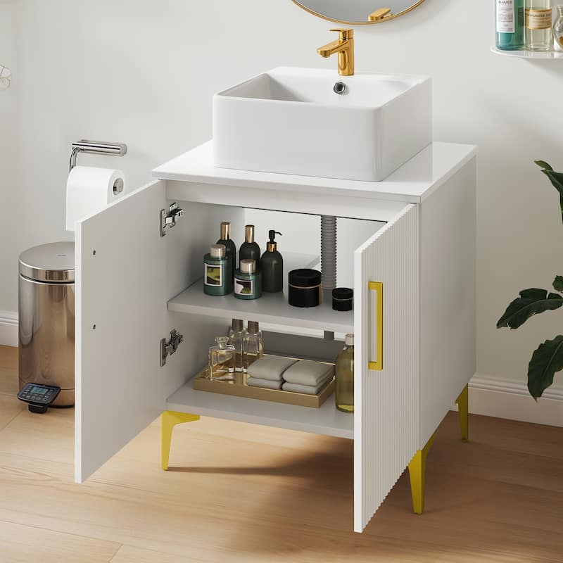 Freestanding Bathroom Vanity with White Stone Top Soft Close Doors and Gold Accents
