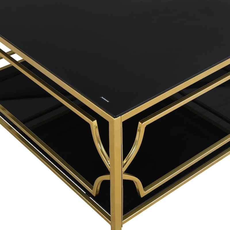 Square Glass Coffee Table in 33.5",Luxurious Geometric Metal Frame,Gold Finish & Lower Shelf
