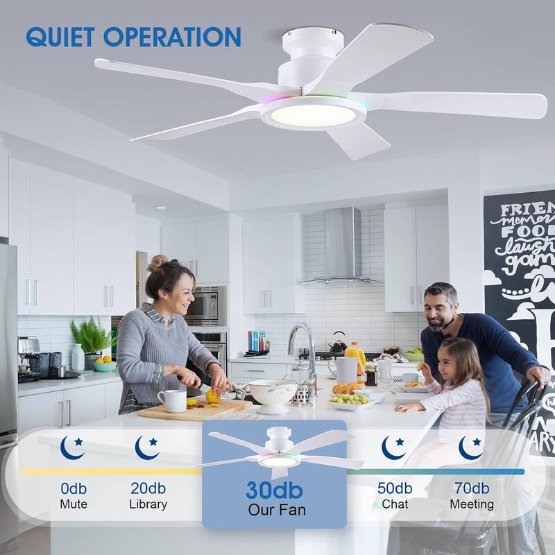 52 Inches RGB Flush Mount Ceiling Fan with Light,Reversible DC Motor - 52 Inches