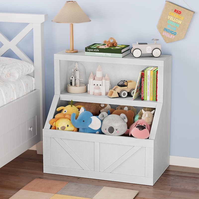 Kids Bookshelf and Toy Storage, Wooden Bookcase with Storage Cabinet and Toy Shelf - Off-White