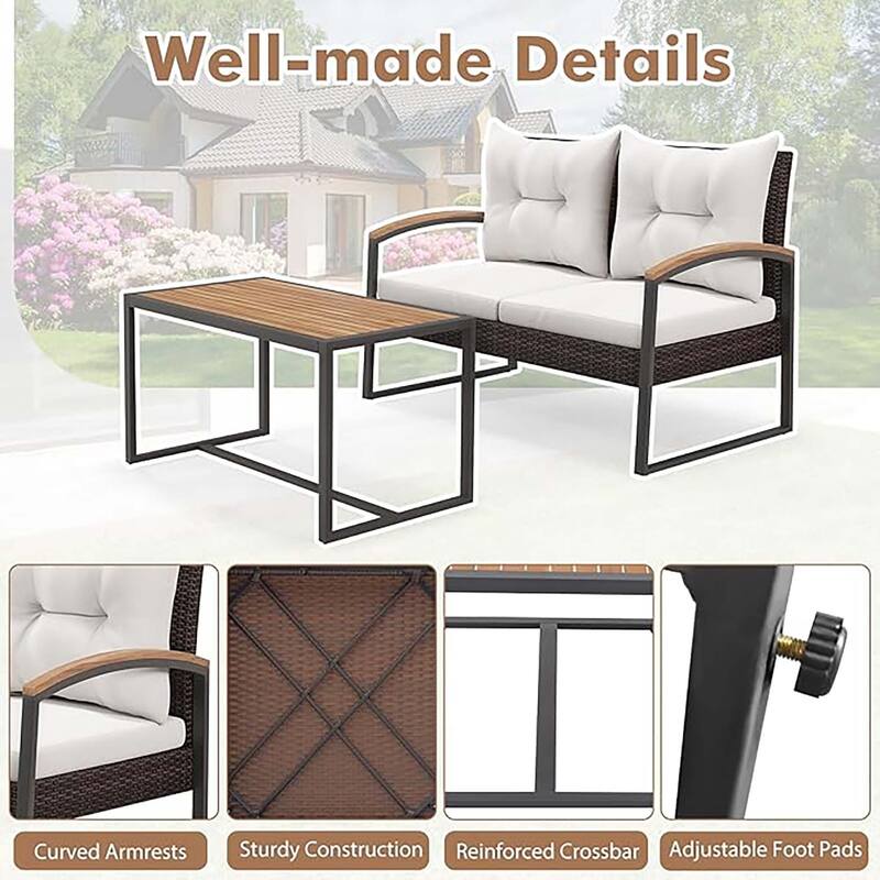2 PCS Patio Wicker Furniture Loveseat Set w/ Acacia Wood Coffee Table