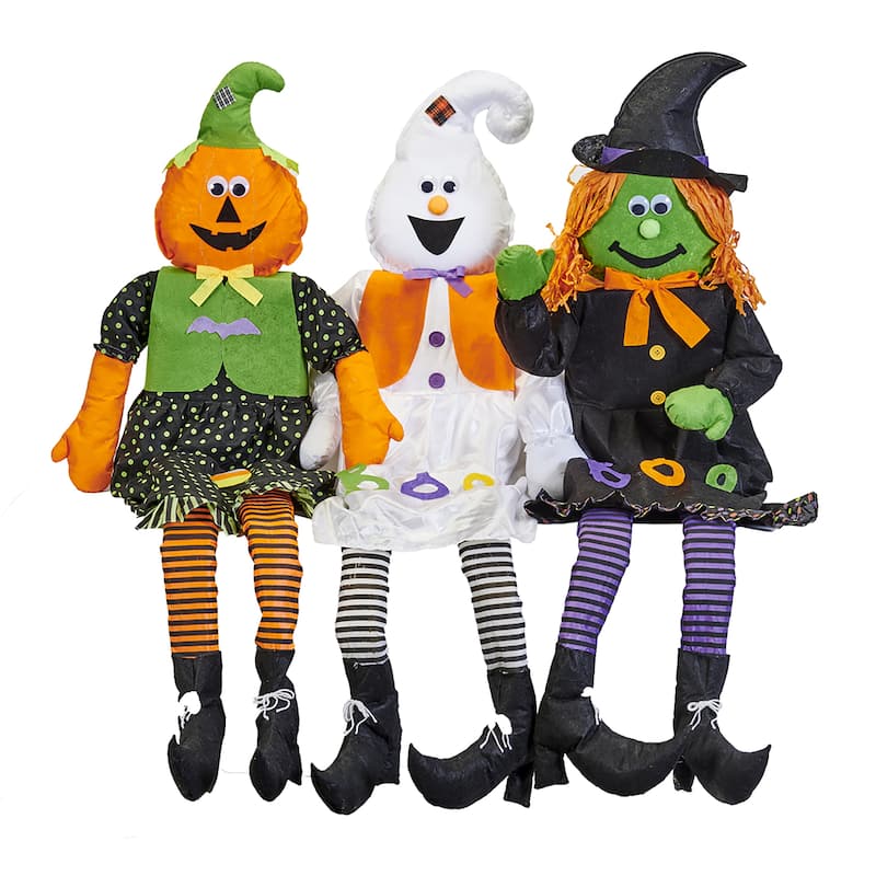 60" Lifesize Porch Sitting Halloween Ghost, Witch Jack O Lantern Figures, Set of 3