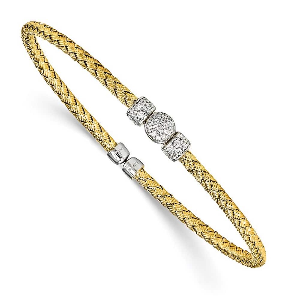 Curata 925 Sterling Silver Gold Plated 2.75mm Cubic Zirconia Woven Cuff Bangle Bracelet