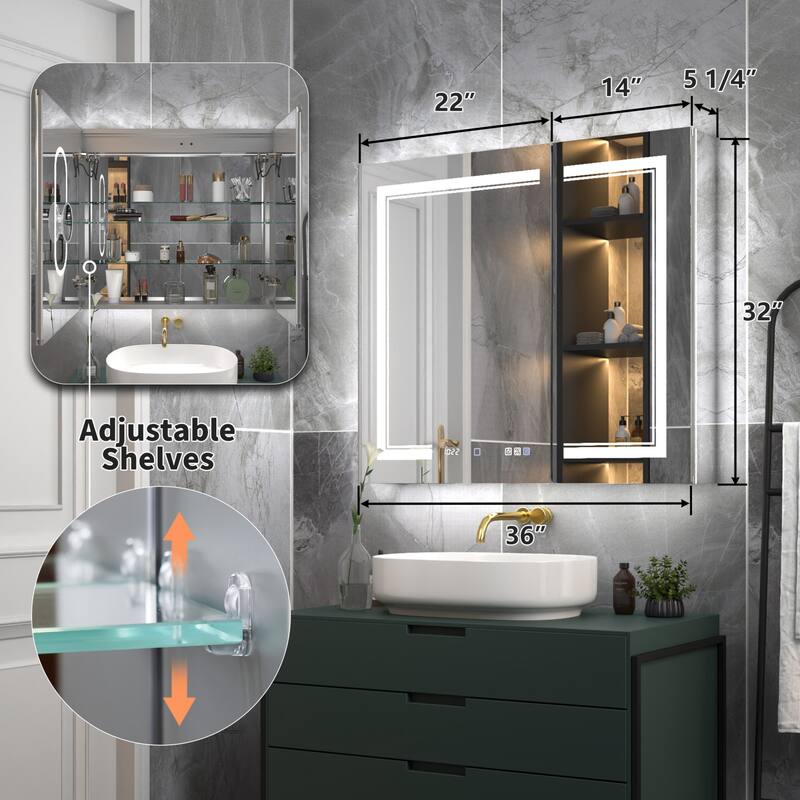 Modland Recessed Smart Mirror Cabinet 24-48x32" with Lights, Anti-Fog, Outlet & Magnifier - Adjustable Shelves - 36x32