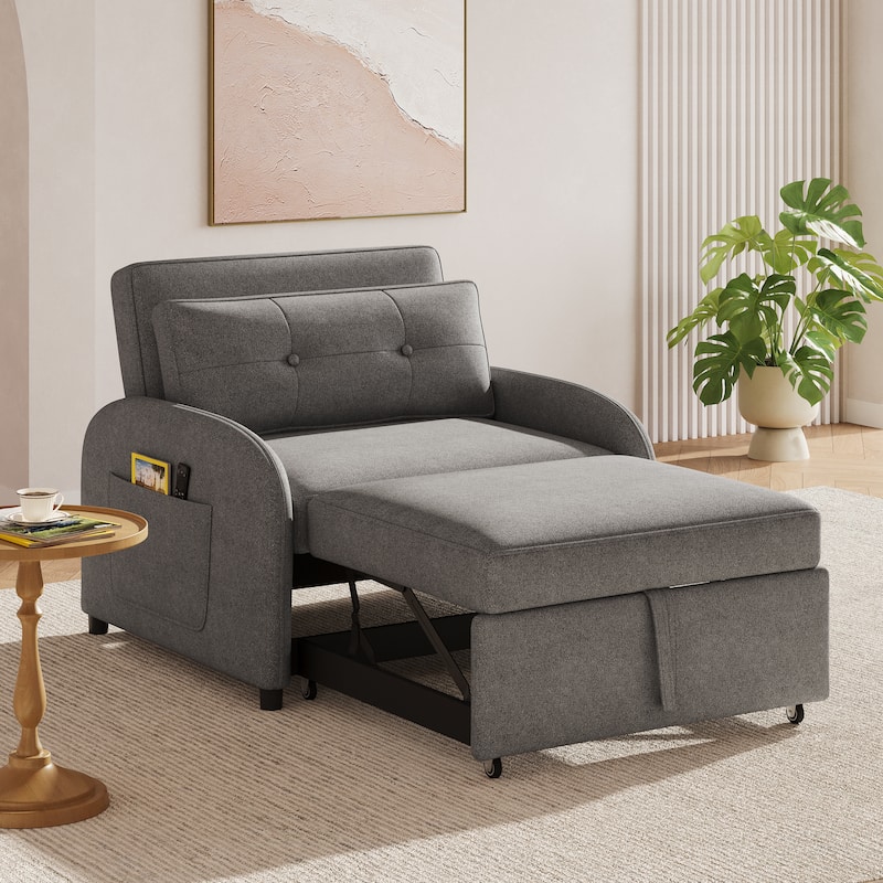 Single Sofa Bed Upholstered Sleeper Chair with Side Pocket, Convertible Chaise Lounge Pull-Out Sofa Bed with Adjustable Backrest - Grey