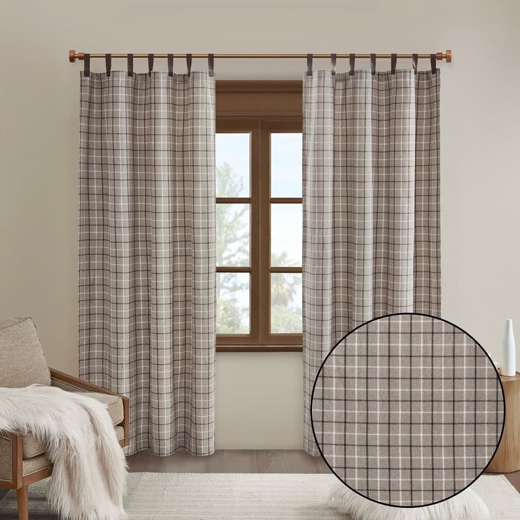 Plaid Faux Leather Tab Top Curtain Panel with Fleece Lining