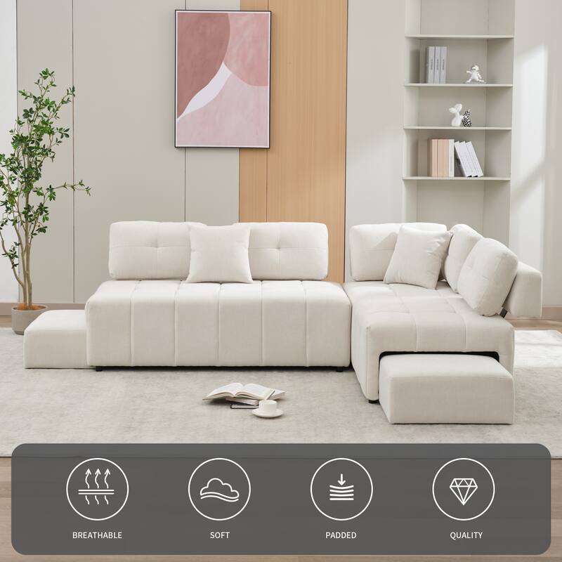 91.73" L-Shaped 4 Seater Sectional Sofa with 2 Hidden Stools, 2 Removable Lumbar Pillows, and Durable Chenille Upholstery