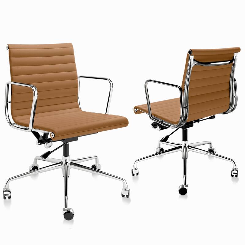 Genuine Leather Office Chair with Chrome Frame Adjustable Swivel Chair - Light Brown Low Back