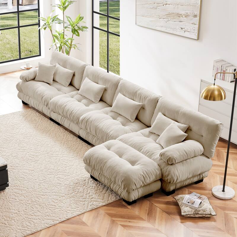 GDFStudio - Chenille 4-Seater 173.2" Cloud Modular Sectional Couch with Ottoman - Light Coffee