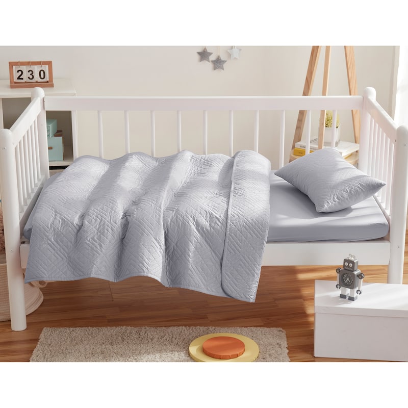 Clara Clark Diamond Weave Toddler Bedding Set, 3PC Bedspread Set - All Season Quilted Comforter, Fitted Sheet, and Pillow Sham - Silver Gray