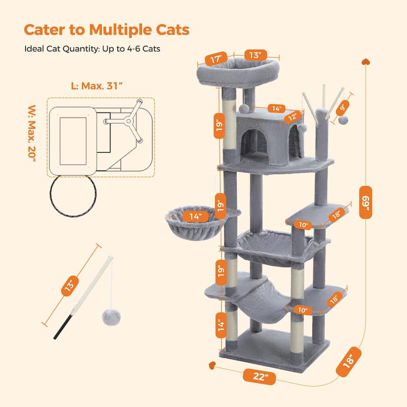 69" Tall Cat Tree Large Cat Tower with Super Big Hammock, Scratching Posts, Condo House and Large Top Perch