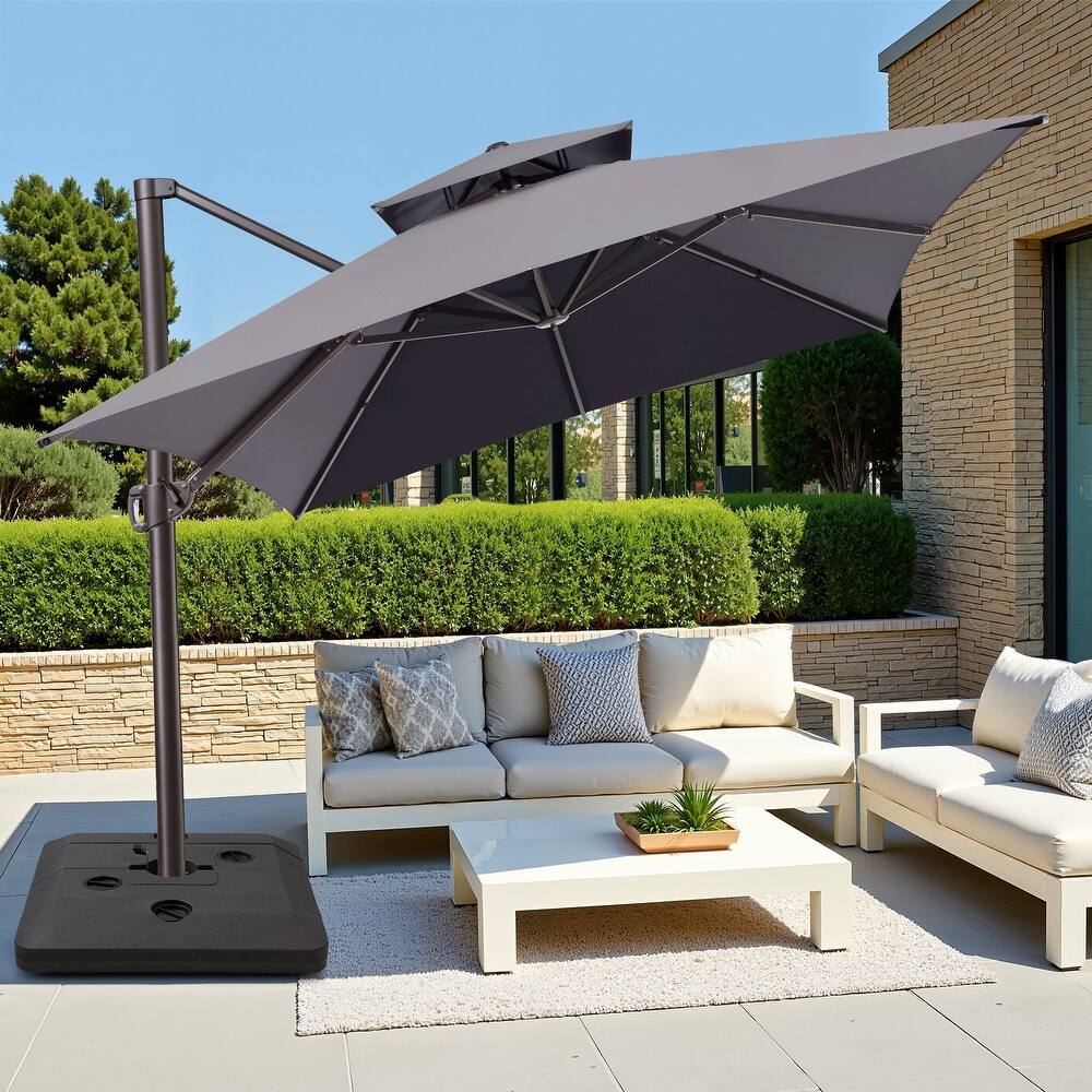 10 x 13 ft Double Top Aluminum Rotating Patio Offset Cantilever Umbrella with Base
