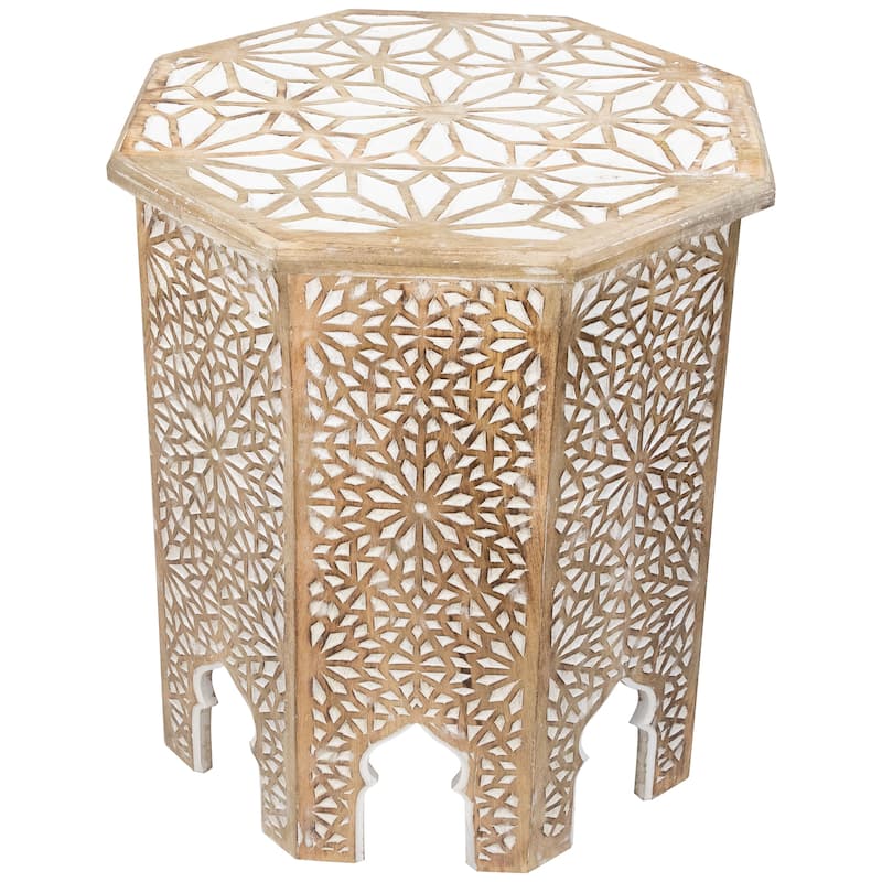24" Antique Brushed White Carved Octagonal Side Table