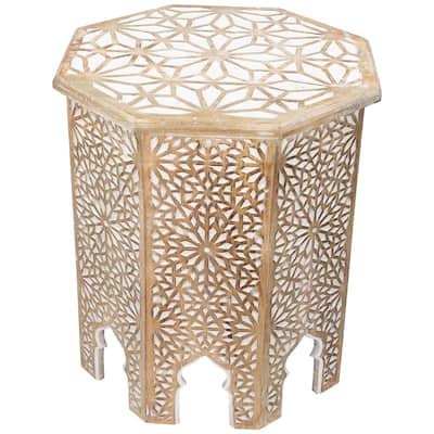 24" Antique Brushed White Carved Octagonal Side Table