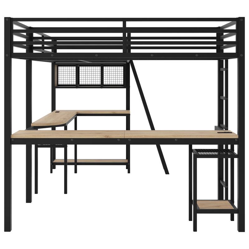 Twin Size L-Shaped Metal Loft Bed with Dual Desks, LED Lighting and Charging Station by Harper&Bright Designs