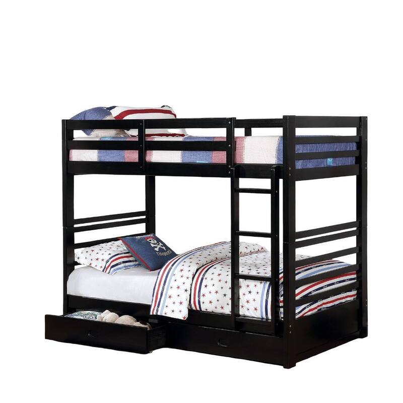 Classic Twin Over Twin Bunk Bed with Two Drawers and Attached Ladder, Black