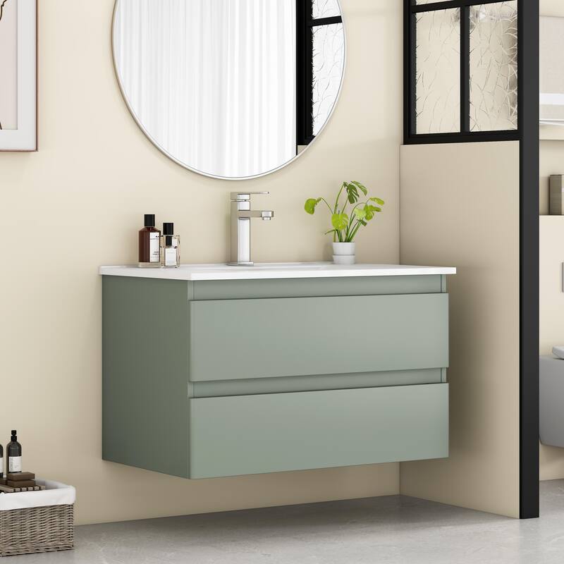 32 Inch Floating Bathroom Vanity with One-piece Ceramic Sink, Wall Mounted Cabinet with 2 Drawers