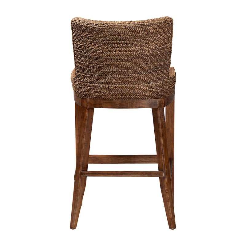 Ridley Seagrass Bar Stool with Mahogany Wood Frame - Coastal Seating with Woven Square Back and Cushioned Seat for Bar Island